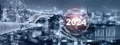 デジタル背景上で2024年のコンパスをキャッチするロボットと人間の手の3Dレンダリング