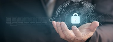 ビジネスと情報のデータを守るロックを持つビジネスマンと、仮想ネットワーク接続
